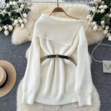 Fongt Fan High Sense Sweater 2024 Winter Belt Waist Versatile Shoulder Lapel Show Thin Chic Knit Top-Outfit