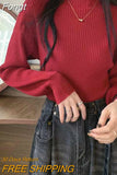 Knitted Sweater Women Harajuku Lantern Sleeve Solid Mock Neck Pullover Autumn Underwear Basic Sweet