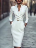 Fongt Elegant Spring And Autumn Long Sleeve Pocket Dress With Belt