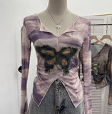 Fongt Shooting Amount Of Bumpy Tulle Spliced Denim Butterfly Design Sunscreen Coat V Collar Short T-Shirt 1965