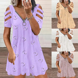 Fongt Wish Women's V-Neck Zipper Printed Short Sleeves Relaxed Casual Lavender Dress
