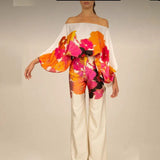 Fongt 2025 New Set Women's Printed Round-Neck Loose Bat Sleeves Wide Leg Trousers Fashion Set
