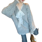 Fongt Type Advanced Feeling Catch Spell Lace Bow False Two Knit Sweater Female Autumn Dong New Style Languid Lazy Wind Bottom Sweater-Outfit