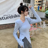 Slim Tees Women Long Sleeve T-shirts Asymmetrical Collar Design Tops Korean Style Solid Skinny Chic Teens Clothes-Outfit