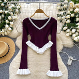 Fongt Striped Knitted Shirt Autumn Lotus Side Hem Horn Sleeves Slimmed Out Of The Bottom Coat
