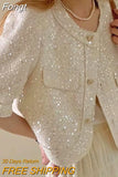 High Quality Korean Tweed Paillette Short Sleeve Jacket Coat Women Korean Fashion Sequin Short Outerwear