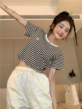Fongt Striped Short-Sleeved T-Shirt Female Ins Tide Summer 2024 New Korean Version Design Sense Slim Short Student