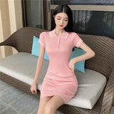 Fongt Summer New Short Dress Polo Collar Short Sleeve High-Sleeved Butt Dress Korean Style A-Character Dress In