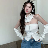 Zipper Knitted Crop Top with Sleeves High Street Sexy Backless Irregular Solid Color Camisole Women New-Outfit