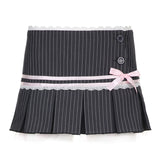 Style Playful Girl Striped Lace Bow Knot Pleated Skirt 2024 Spring / Summer New Low-Waist Skirt With Lining-Outfit