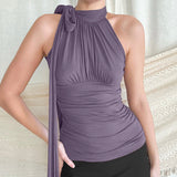 Elegant Simple Solid Color Bib Tie Wrinkle Tight Show Thin Sleeveless Vest Gentle Ribbon Blouse-Outfit