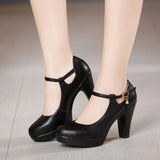 Genuine Leather shoes Women Round Toe Pumps Sapato feminino High Heels Fashion Black Work Shoe Plus Size