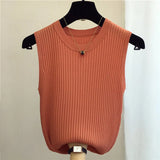 New Fashion Female Sleeveless Casual Thin Tops Ice Silk Knitted Vests Women Tops O-neck Solid Tank White Black Tops