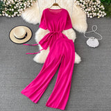 Fongt Suit Goddess Fan Irregularly Round Neck Knitted Top Two Sets Of High-Rise Thin Broad Leg Trousers
