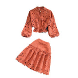 Fongt Temperament V-Neck Hollow Embroidered Lantern Sleeve Short Shirt Women Two Sets Hit High Waist Thin Word Half Skirt