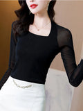 Women Sheer Mesh Blouse Square Collar Slim See-Through Mesh Long Sleeve Top Elegant Blouses Skinny Club shirts-Outfit