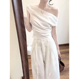 Fongt Good-Looking Pure Sleeves Short-Sleeved T-Shirt High-Rise Thin Leg Pants Women's Summer Seaside Holiday Wind Leisure Suit