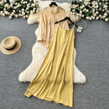 Fongt Temperament Two Sets Of Women's Languid Languid Wind Outside The Thin Loose Long-Sleeved Sunscreen Jacket + Sling Dress