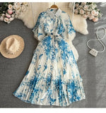 Fongt Style Retro Temperament Short-Sleeved Clapping Single-Dran A-Word Print 100-Fold Shirt Dress Summer