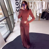 Fongt New Women's Long-Sleeved Folded Splicing Thin Dress Dress Dress