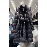 QUALITY Newest Winter 2023 Designer Coat Women's Double Row Velvet Splicing Belted Long Down