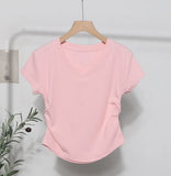 Recommended For The Summer V-Neck Front Shoulder Short-Sleeved T-Shirt For Girls Slimming Hottie Drawstring Irregular Top