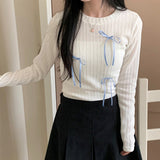 Young Girl Style Bow Tie Tie Stitched Knitted Blouse 2024 Round Collar Pit Strip Slim Solid Color T-Shirt-Outfit