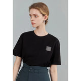 Round Neck Short Sleeve T-shirts Loose Midweight Straight Office Lady Letter Printing Solid Spring Cotton