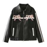 2024 Winter New Women's Sweet Cool Bow Embroidered Leather Jacket Coat W034 23215-Outfit