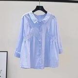 Fongt Shirt 2025 Spring And Autumn Small Fresh Light Blue Vertical Striped Shirt Female Design Feeling Waist Long Sleeve Loose Top