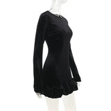 Black Velvet Long Sleeve Puff Trim Bodycon Mini Dress-Outfit
