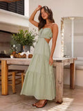 Fongt Women's Clothing 2025 New V-Neck Sleeveless Solid Color Splicing Large Swing Long Dress