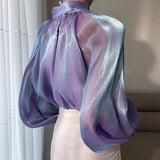 Women's Satin Blouses Stylish Big Bow Shirts 2023 Casual Puff Sleeve Female Solid Baggy Tunic
