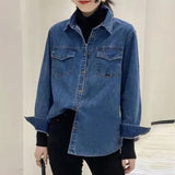 Fongt Hong Kong Wind Blue Shirt Denim Shirt Female Small Spring And Autumn 2024 New Design Feeling Small Coat Female-Outfit