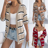 Fongt Shooting 2025 Spring And Summer Casual Striped Air Sleeve Knitted Knitted Holiday Cardigan Women's Clothing