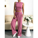 Fongt Summer Knitting Casual Suit Sleeveless Round Collar Short Repair Body Broad Leg Pants Two Sets