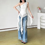 Fongt Summer Fashion Trend Women's New Slant Shoulder Repair Letter Drill Irregular Vest Woman