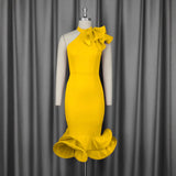 Fongt Half-High Collar Lotus Leaf-Side Dress Sided Shoulder Lotus Hem Banquet Evening Dress Dresses