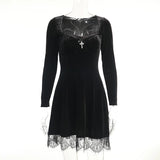 Dark Vintage Gothic Velour Autumn Dresses For Women Alt Clothes Grunge Long Sleeve Bodycon Partywear Lace Trim A-Line