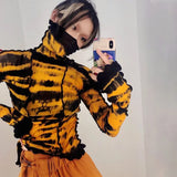 Ruffle Striped Turtleneck T-Shirt Women Autumn See-Through Patchwork Skinny Club Streetwear Harajuku