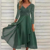 Fongt And Winter Long-Sleeved Chiffon Dress Splicing V-Neck Lace Hollow-Out Bridesmaid Evening