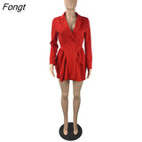 Women Solid Fall Blazer Dress Elegant Notched Long Sleeve Double Breasted Ruffle Office Lady Mini Dresses