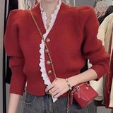 Year's Red French Chic V-Necked Lace Long-Sleeved Sweater Women's Autumn And Winter New Short Knitted Cardigan-Outfit