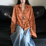 Fongt New Fall 2024 Vintage White Orange Plaid Shirt Coat For Men And Women-Outfit