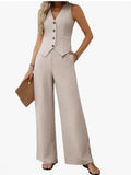 Fongt Women's Summer Two Sets Of Buttons And Two Sets Of Short Vests And Wide-Legged Pants