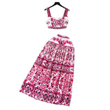 Fongt And White Porcelain Printing Set Of Women In Summer Pure Desire To Bare Belt Slings Small Vest + High Waist Mid-Dress Skirt