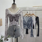 Fongt Shot Micro-Permeable Mesh Butterfly Print Splicing Lace Hanging Neck Horn Long-Sleeved T-Shirt Repair Short Top 1286