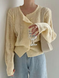 New 2022 Chic Korean Fashion Cutout Buttons Cardigans Knitted Sweater Women Summer Vintage Elegant Lady Tops