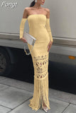 Autumn Knitted Tassel Y2K Clothes Long Sleeve Backless Tube Bodycon Maxi Dress For Women 2023 Club Party Elegant