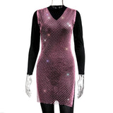 Fongt Summer New Sexy V-Neck Short Hollow Mesh Dress